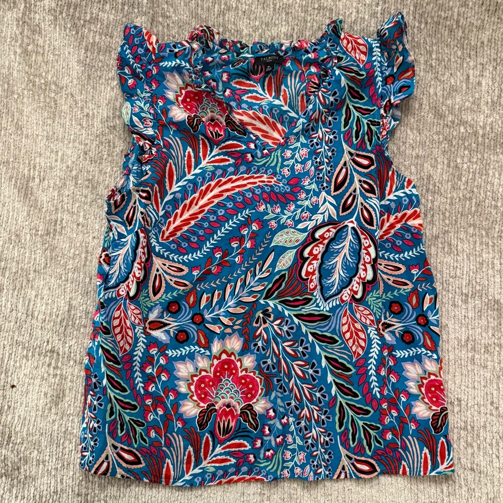 Talbots Petite MP Sleeveless Cotton Blouse Blue Red Paisley Floral